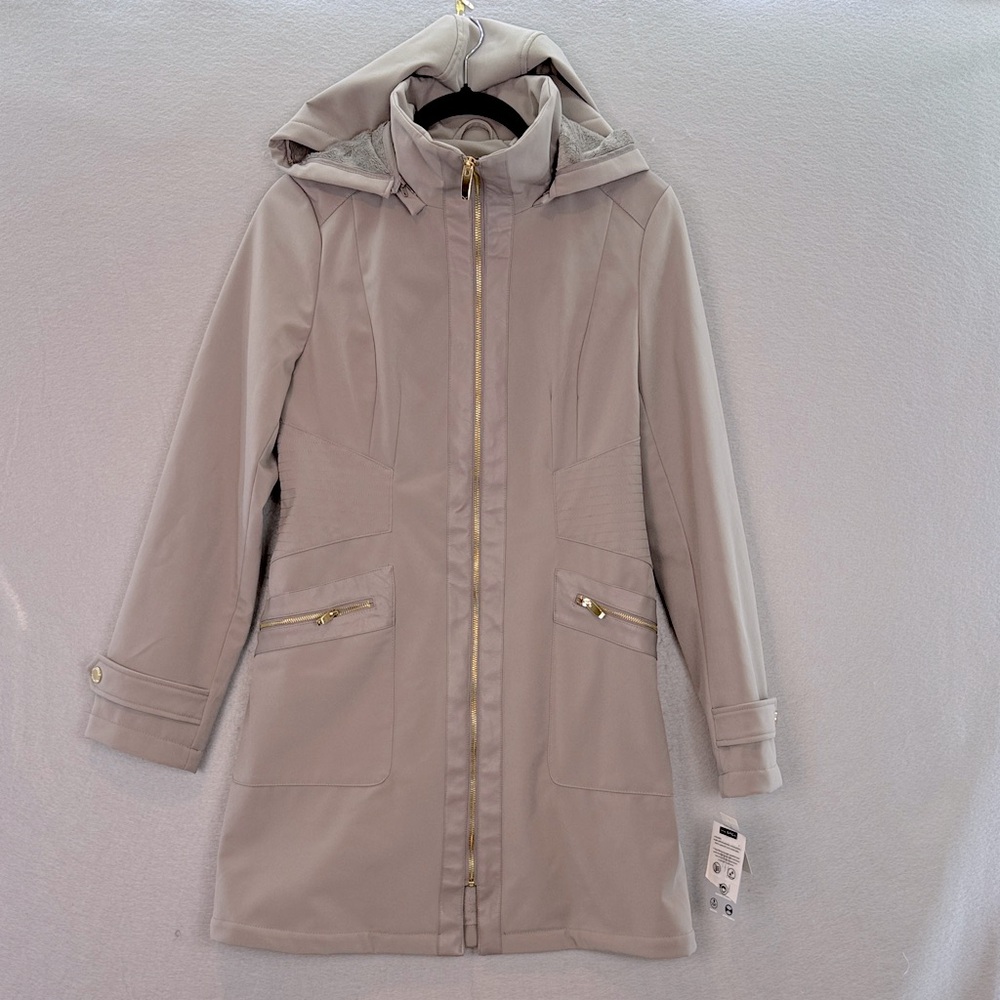 Via Spiga - NWT Women's Hooded Coat faux leather trim full zip up faux lining S